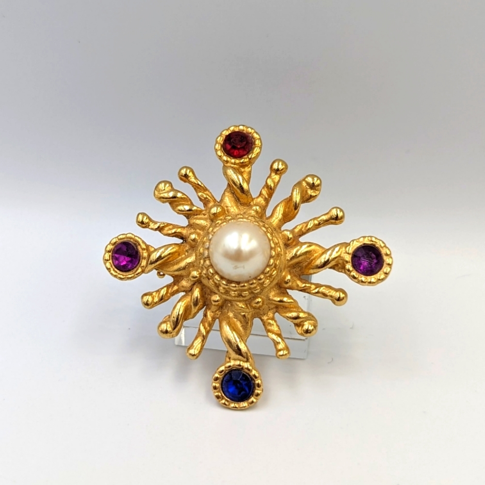 Vintage Gold Tone Starburst/Cross Faux Pearl Rhinestones Unsigned Brooch/Pin